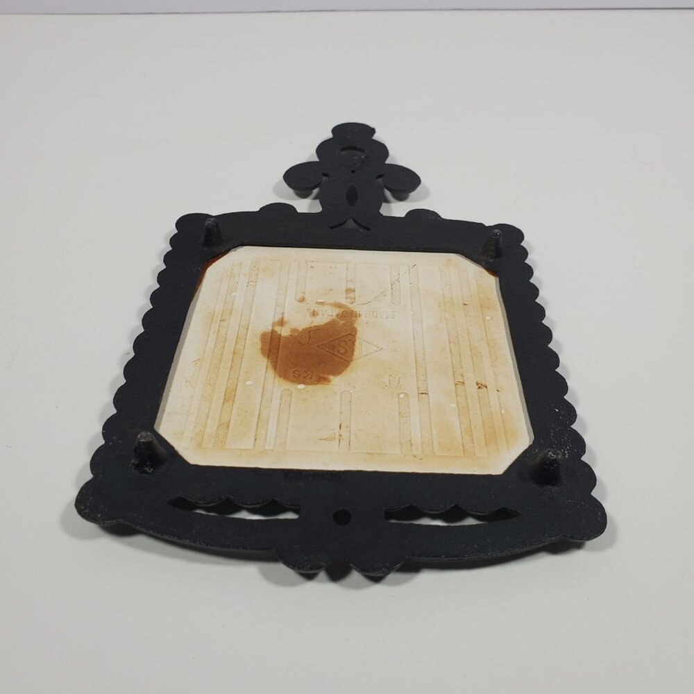MCM Cast Metal Ceramic Tile Wall Plaque Trivet Vintage Apology Birds Flowers - Picture 14 of 14